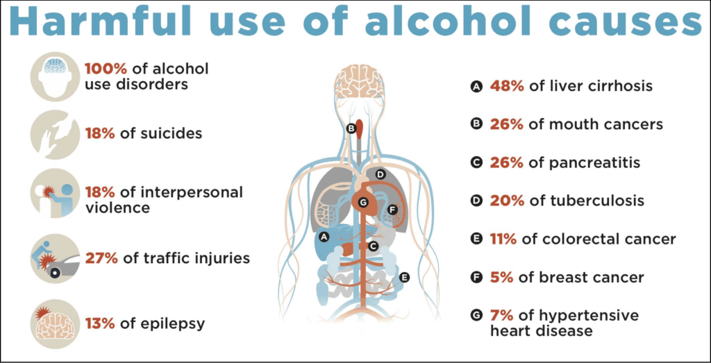 Infographic showing impacts of alcohol use, which and the proportions of events and conditions attributable to alcohol. Suicide = 18%, interpersonal violence = 18%, traffic injuries = 27%, epilepsy = 13%, liver cirrhosis = 48%, mouth cancers = 26%, pancreatitis = 26%, tuberculosis = 20%, colorectal cancer = 11%, breast cancer = 5%, and hypertension = 7%.
