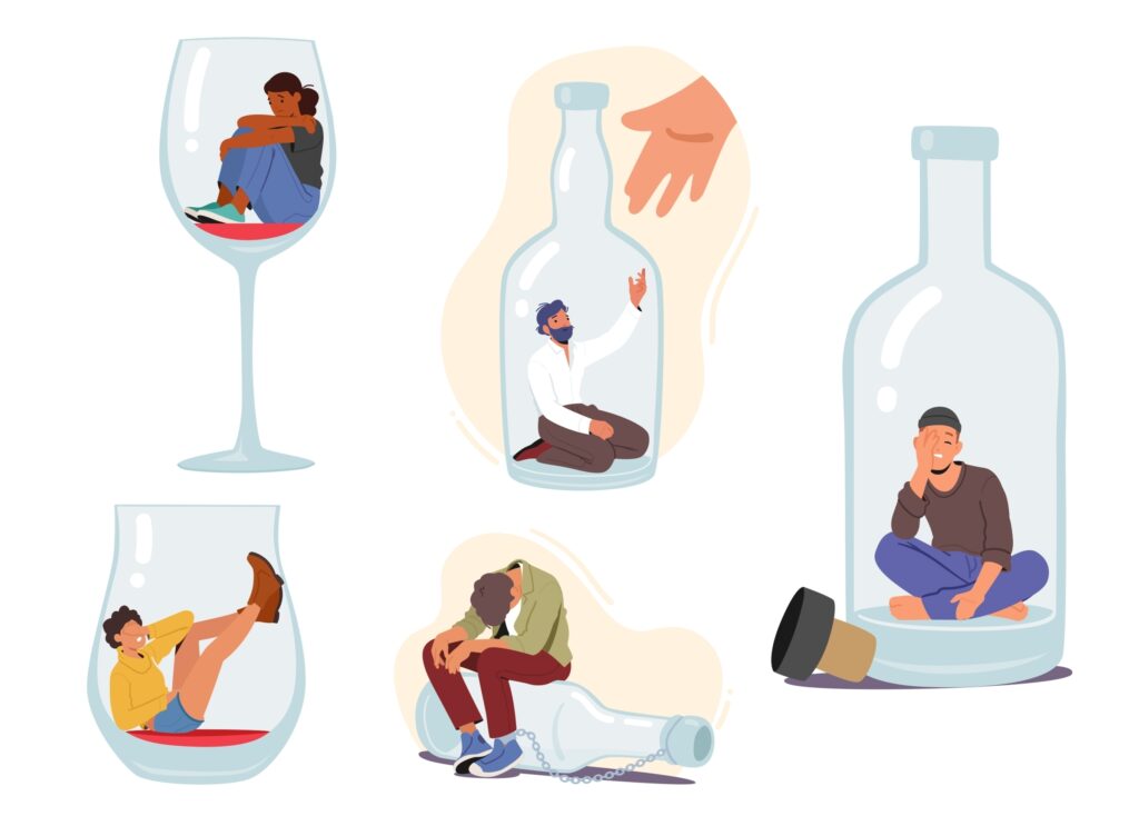 Cartoon image depicting people trapped in bottles and glasses. Image(s) used under license from Shutterstock.com
