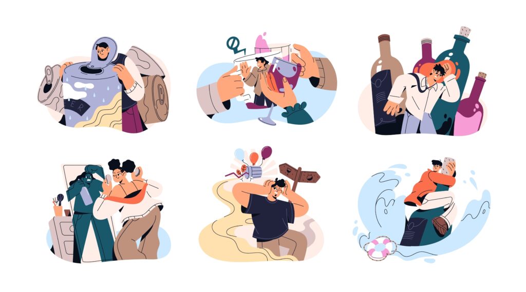 Cartoon image depicting aspects of alcohol addiction. Image(s) used under license from Shutterstock.com