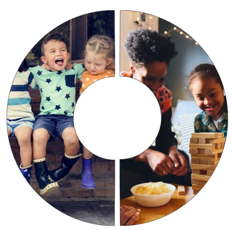 Image for 'Engage and Empower' principle. Two semi-circle images, one shows a group of children, and another showing an adult and child playing a game.