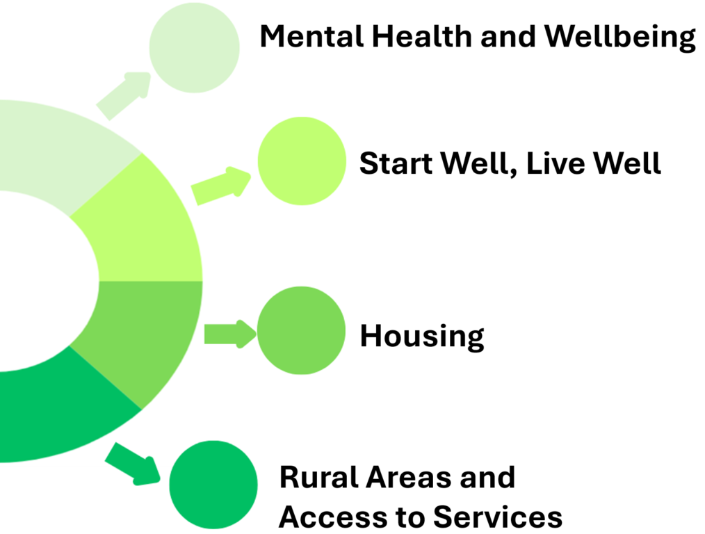 Semi-circular image setting out the four priorities in the strategy: 'Mental Health and Wellbeing'; 'Start Well, Live Well'; 'Housing'; and 'Rural Areas and Access to Services'