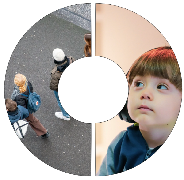 Image for 'Opportunities for all' principle. Two semi-circle images, one show a group of people walking, one showing a child with headphones.