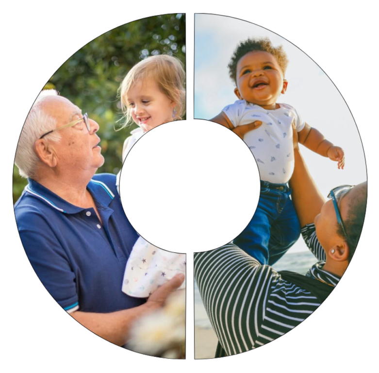 Image for 'Opportunities for all' principle. Two semi-circle images, one show a an older person holding a child, the other showing a middle aged person holding a child.