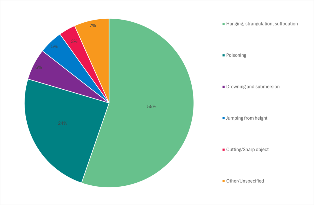 Chart showing the percentage of Suicide deaths by method. The largest categories are 'Hanging, strangulation, suffocation' which accounts for just over half (55%), and 'Poisoning' which accounts for just under a quarter (24%).