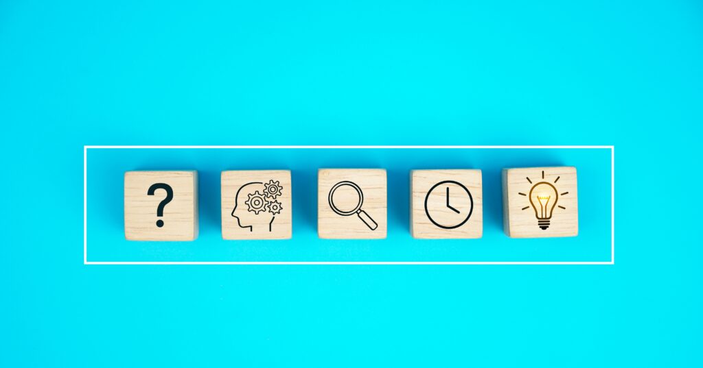 Blocks in a sequence relating to questions, thinking, investigating, time and ideas. Image(s) used under license from Shutterstock.com